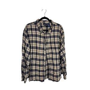 Vintage Bugle Boy Flannel Shirt Navy Cream Plaid 100% Cotton Button-Up 2X